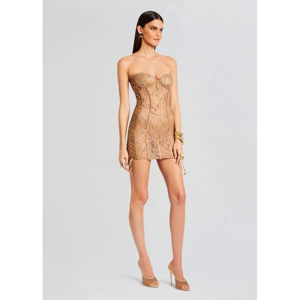 Retrofête Matilda Strapless Lace Corset Mini Dress Tannin Size L - Picture 3 of 10